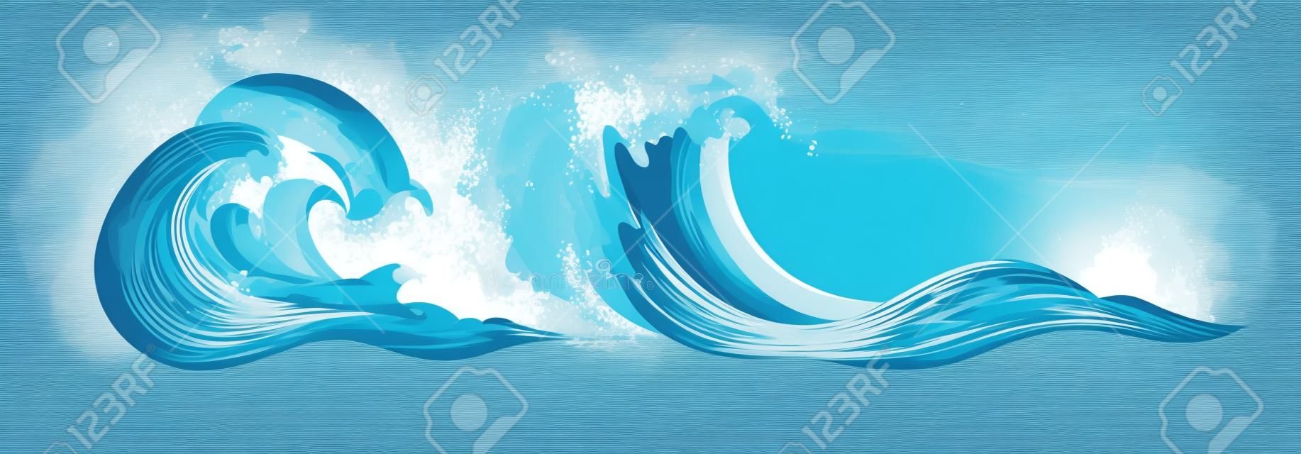 Éléments d'eau flottants. Ensemble de vagues de tsunami océanique. Illustrations vectorielles de dessin animé isolées sur fond blanc