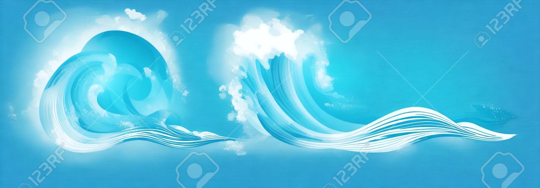 Éléments d'eau flottants. Ensemble de vagues de tsunami océanique. Illustrations vectorielles de dessin animé isolées sur fond blanc
