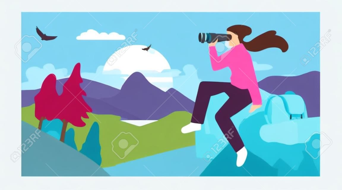 De meisje reiziger zittend op de top van een klif, kijkend naar de vallei in een verrekijker van een hoogte. Natuurreizen, ontdekking, wandelen, avontuur toerisme en reizen. Creatieve vlakke vector illustratie.