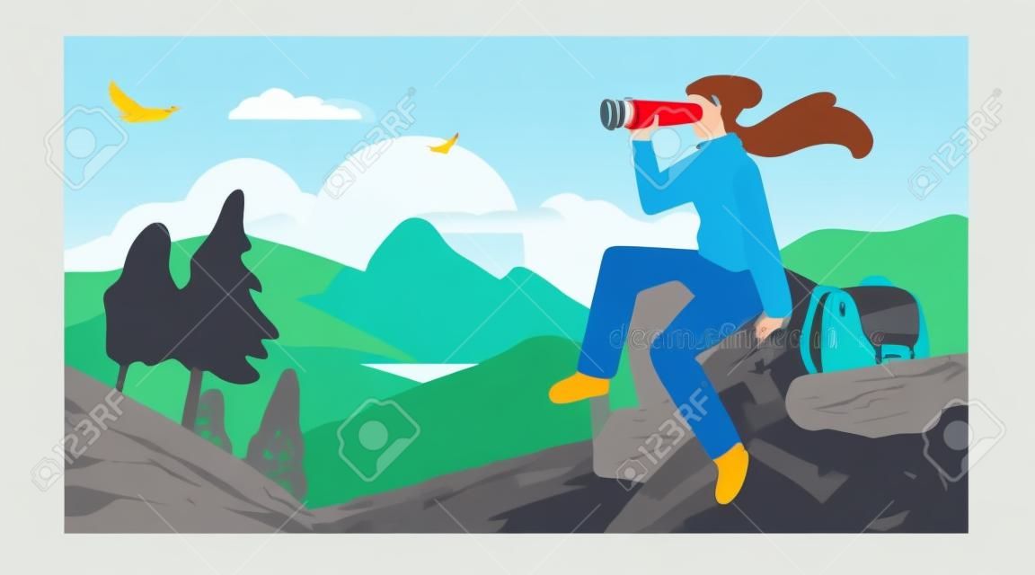 The girl traveler sitting on top of a cliff, looking at the valley in a binoculars from a height. Nature trips, discovery, hiking, adventure tourism and travel. Creative flat vector illustration.