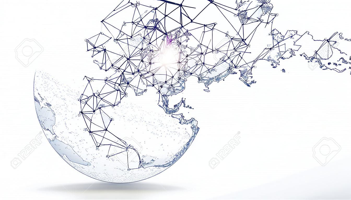 세계지도의 점, 선, 구성, 글로벌, 글로벌 네트워크 연결을 나타내는 국제 의미.