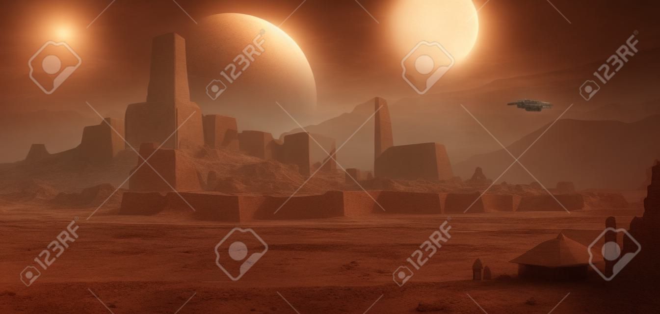 Desolate alien, desert castle, science fiction illustration, digital illustration, 3D rendering.