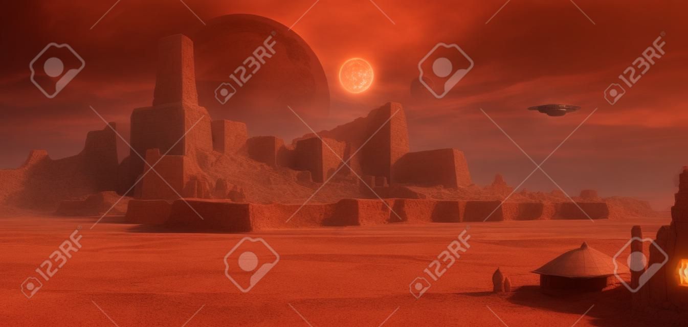 Desolate alien, desert castle, science fiction illustration, digital illustration, 3D rendering.