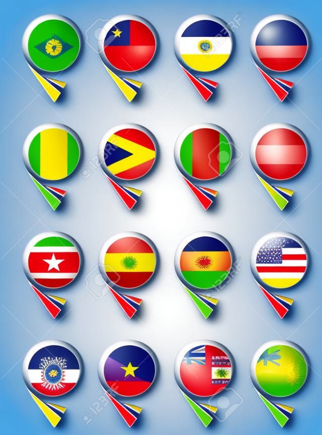 Puntatori a forma di bolla con flag. Tutti i paesi del Sud America. Illustrazione vettoriale su sfondo bianco.