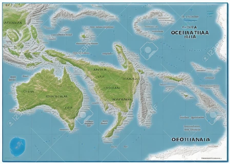 Carte en relief de l'Océanie. Les noms, les marques de ville et les frontières nationales sont dans des couches séparées.