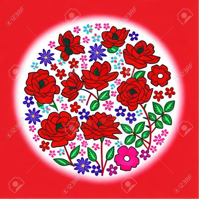 Embroidery circle pattern with beautiful red and pink flowers. Colorful bouquet on black background. Floral vector illustration.