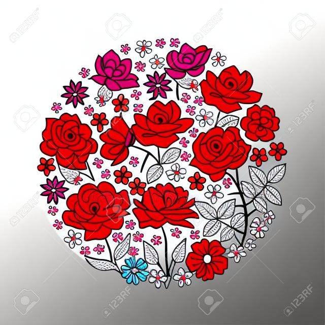 美しい赤とピンクの花と刺繍サークルパターン。黒の背景にカラフルなブーケ。花柄のイラスト。