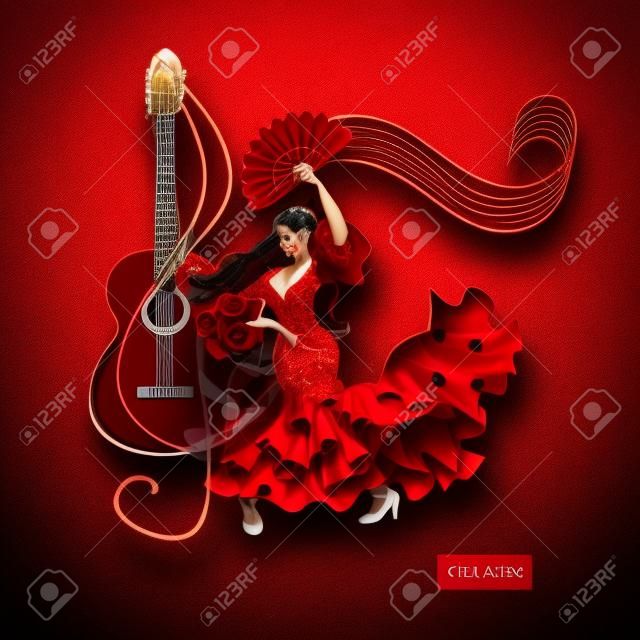 Flamenco logo. Spanish girl dressed in red dress with ruffles on sleeves in form of roses and with fan in her hand dancing against background of treble clef in shape of guitar and musical rulers.