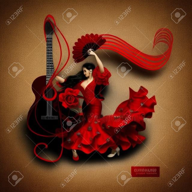 Flamenco logo. Spanish girl dressed in red dress with ruffles on sleeves in form of roses and with fan in her hand dancing against background of treble clef in shape of guitar and musical rulers.