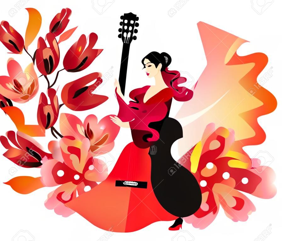 Spanish flamenco girl in a beautiful dress, the hem of which soars like a flame, a manton, a fan, a red-black guitar and a bouquet of gorgeous flowers. Wonderful composition on a white background.