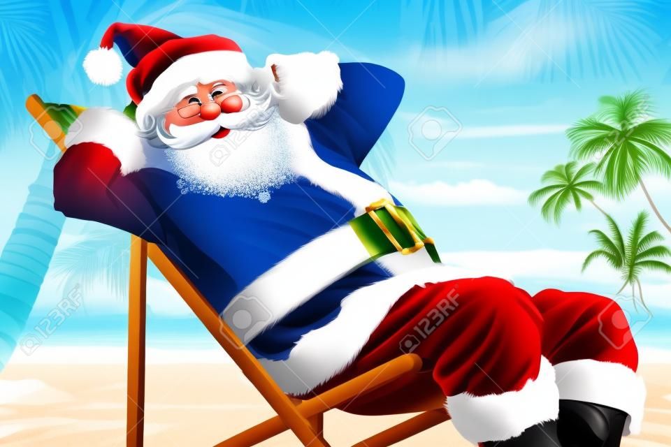 Ontspannen kerstman zittend op een stoel, op een tropisch strand met palmbomen