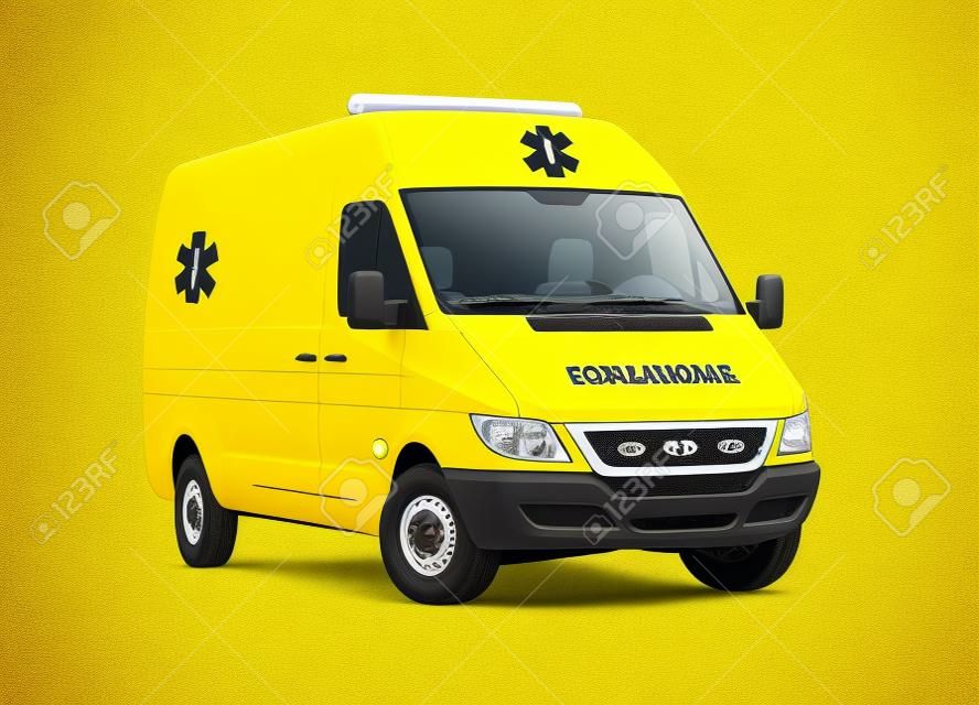 Gele ambulance busje met caduceus teken