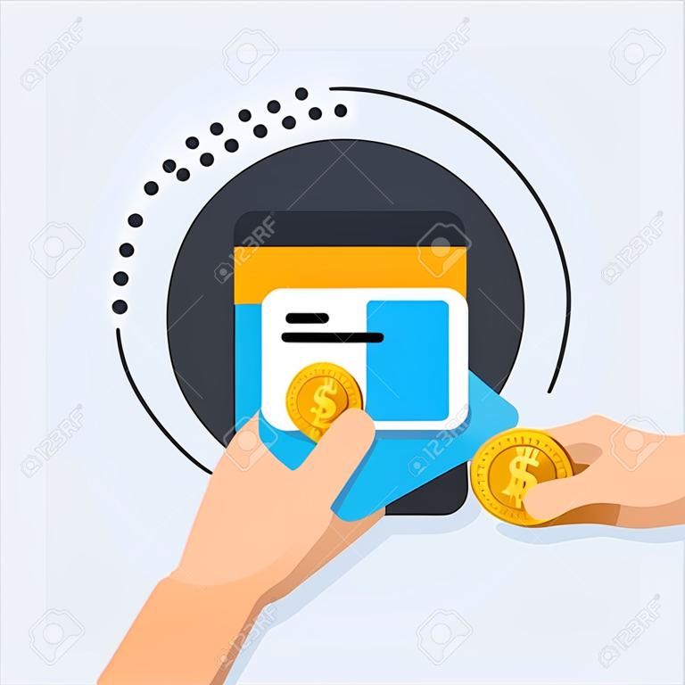 Piatti design illustrazione vettoriale concetti di metodi di pagamento online. Internet banking, acquisti e transazioni on-line, trasferimenti elettronici di fondi e bonifico bancario.