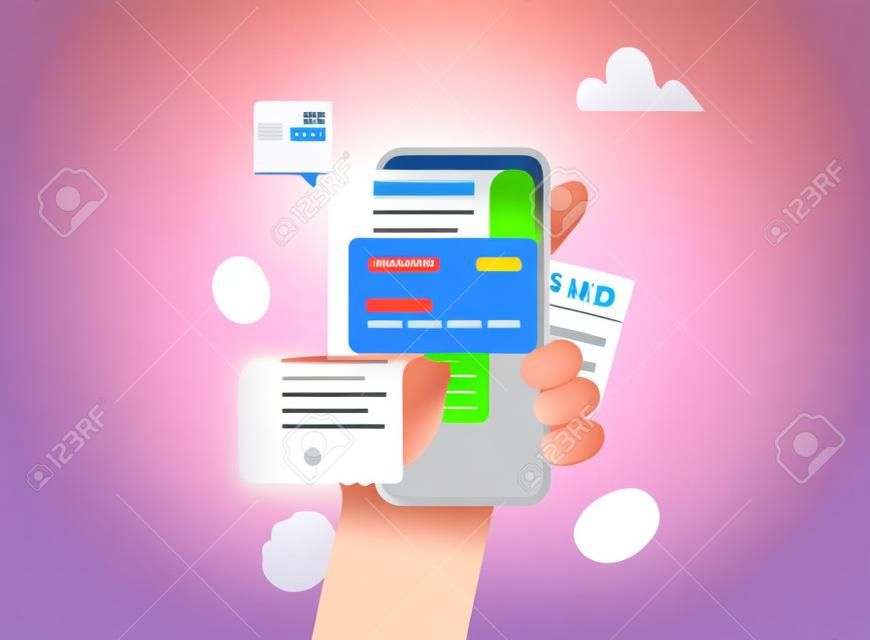 Hand, die ein mobiles Smartphone mit dem Bezahlen von Rechnungen hält. Rechnung, Rechnungssymbol geeignet für Infografiken. Zahlung von Versorgungs-, Bank-, Restaurant- und anderen Rechnungen. 3D-Web-Vektor-Illustrationen.