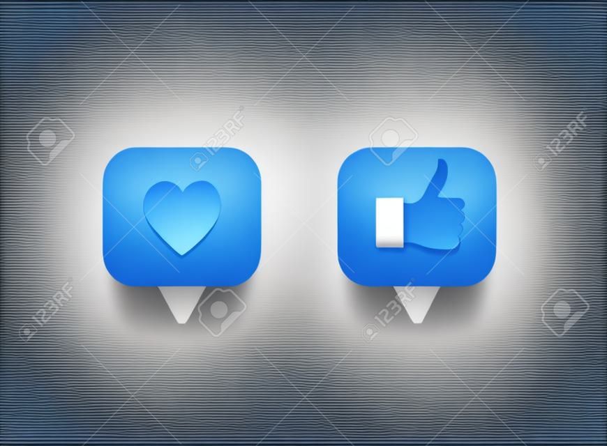 Pollice in su gesto e cuore come mi piace. icone dei social media. illustrazioni vettoriali web 3d.