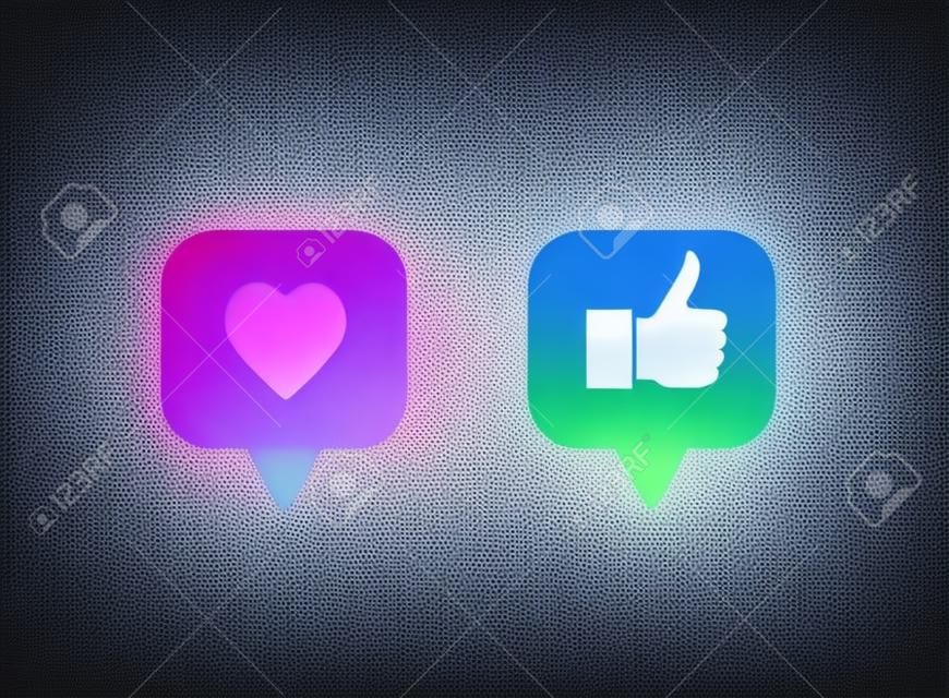 Daumen hoch und Herz als Likes. Symbole für soziale Medien. 3D-Web-Vektorillustrationen.