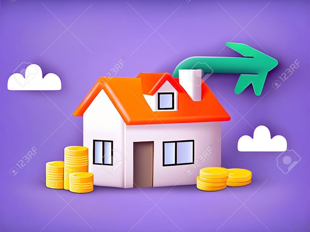 Investi denaro in proprietà immobiliari. concetto di mutuo per la casa, affitto e mutuo. illustrazioni vettoriali web 3d.