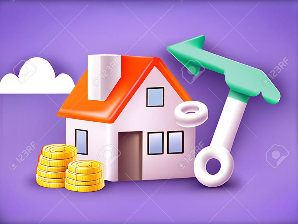 Geld in Immobilien investieren. konzept für hausdarlehen, miete und hypothek. 3D-Web-Vektorillustrationen.