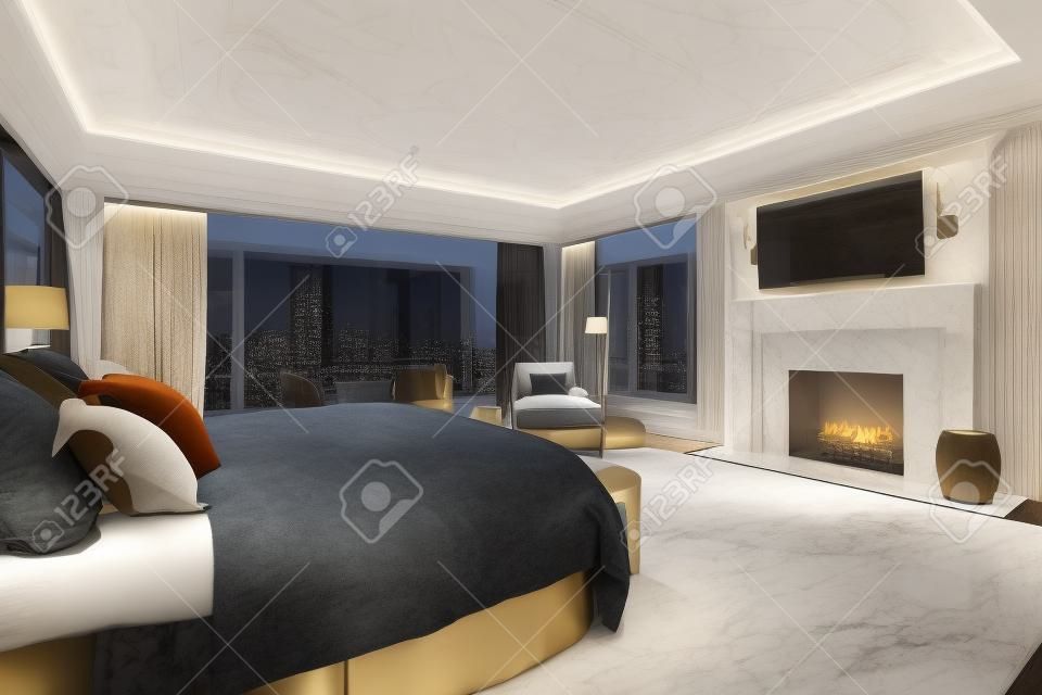 Master bedroom in luxury home with marble fireplace