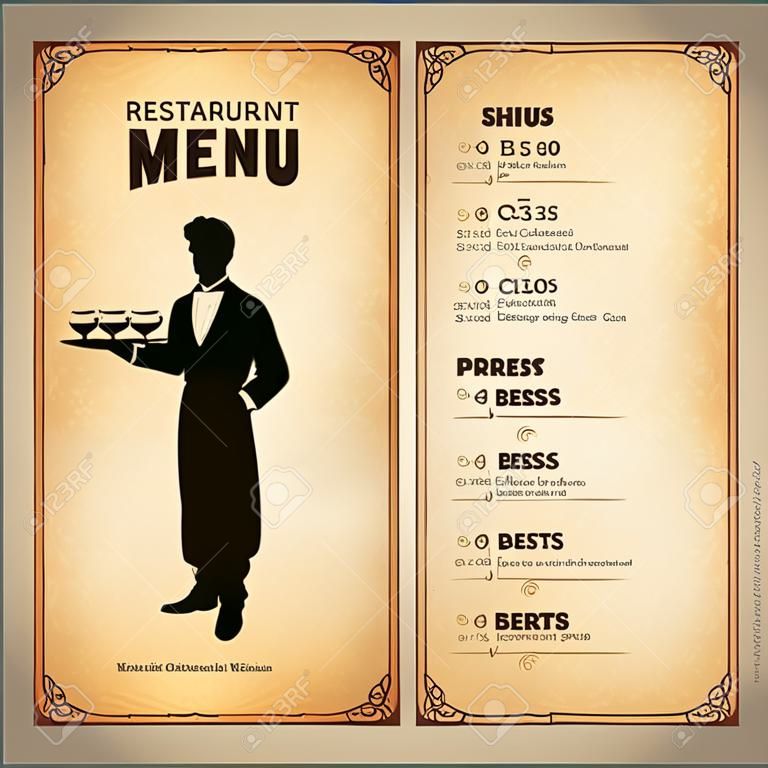 Design retrò menu del ristorante con la silhouette di un cameriere