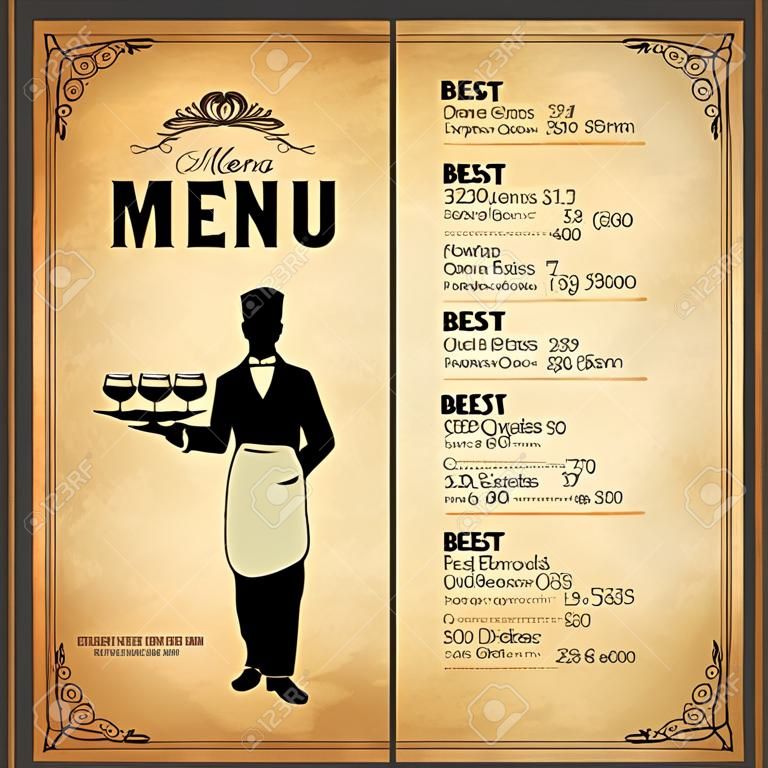 Design retrò menu del ristorante con la silhouette di un cameriere