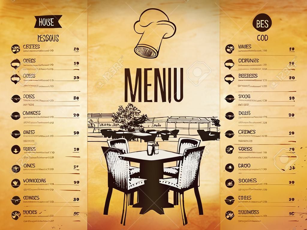 Restaurant menu design. Vector menu brochure template for cafe, coffee house, restaurant, bar. Food and drinks  symbol design. With a sketch pictures and crumpled vintage background