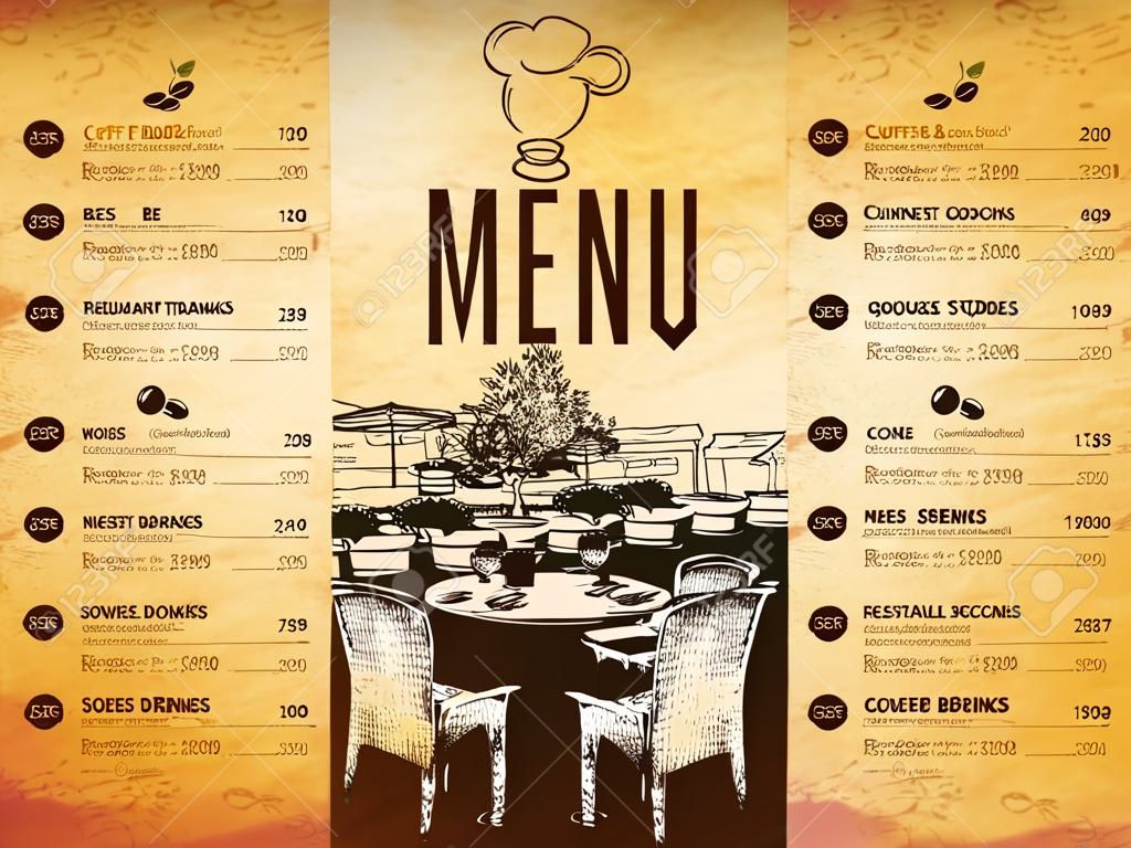 餐廳的菜單設計。咖啡廳，咖啡廳，餐廳，酒吧矢量菜單小冊子模板。食品和飲料標誌設計。隨著草圖圖片和皺巴巴的老式背景