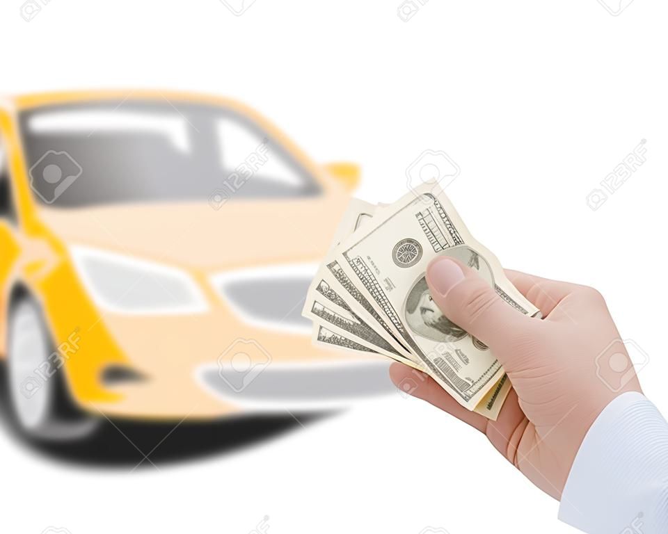 Man hand holds dollars near the car on a white background