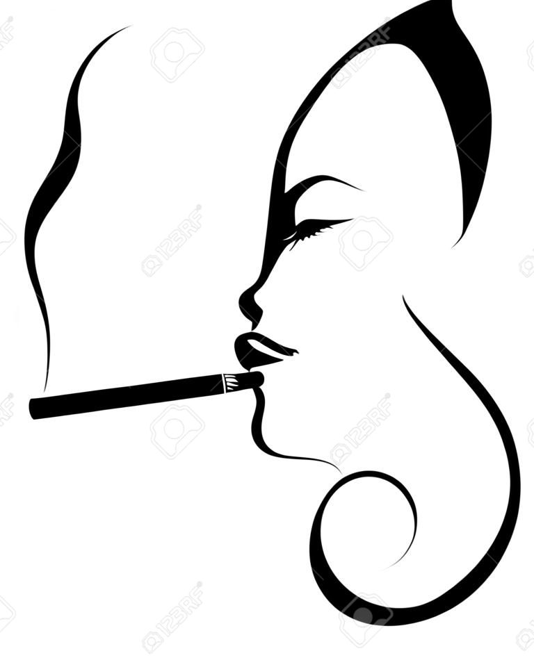 Silhouette de tête de jeune fille, femme qui fume