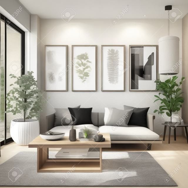 Modern living room interior design, 3d render, scandinavian style