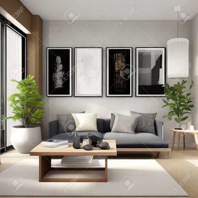 Diseño de interiores de sala de estar moderna, render 3d, estilo escandinavo
