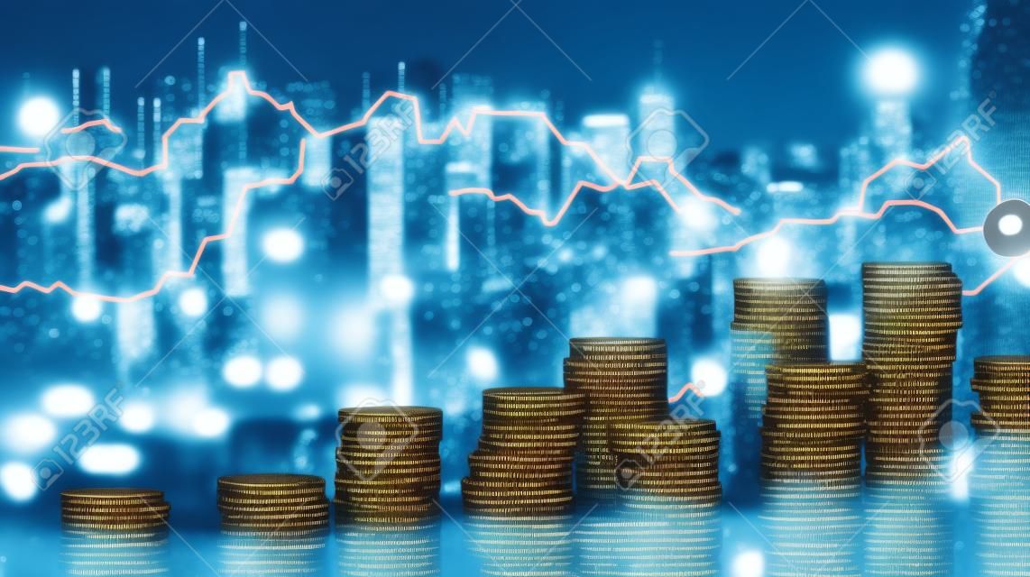 Generative AI : Double exposure of close up coins and city night with business success or graphics of economic growth report for finance and banking background