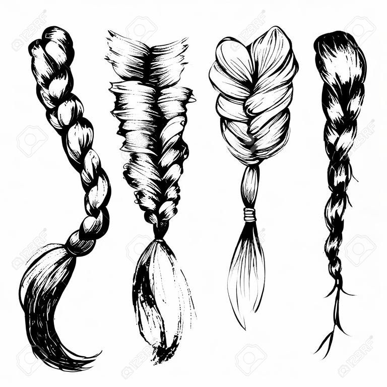 Vector illustration of braid set. Four part hand drawn set of binding hairstyles. Isolated on white background.