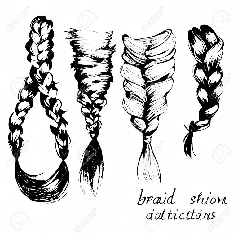 Vector illustration of braid set. Four part hand drawn set of binding hairstyles. Isolated on white background.