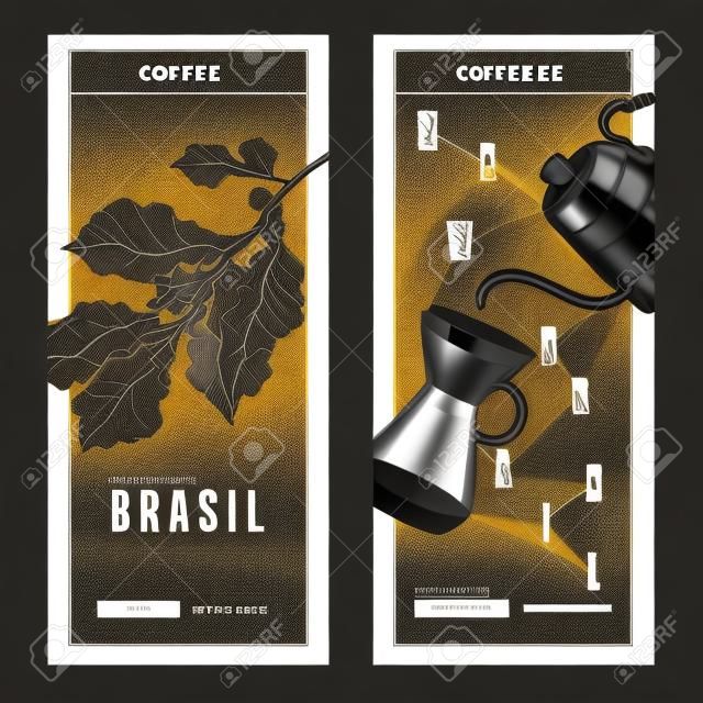 Coffee set. Hand drawn branch, pour over and coffe kettle. Alternative brewing method. Vector engraved icon. Packaging design in brutalism. Label template, brand identity, coffee shop, restaurant menu