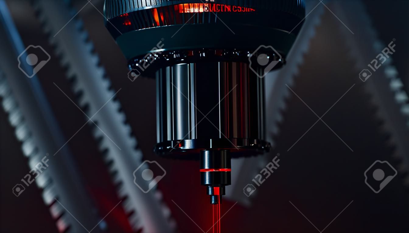 Red laser on cutting machine. 3d illustration