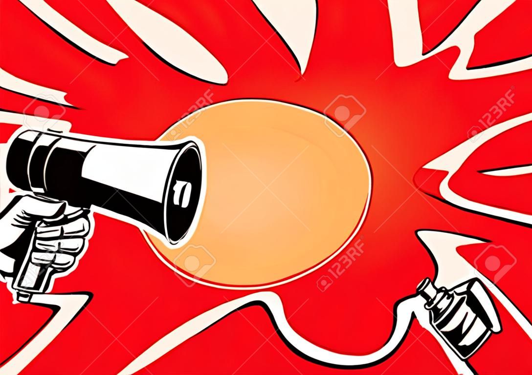 Reaching out a megaphone and speech Bubble on red background. Illustration in retro style and comic.