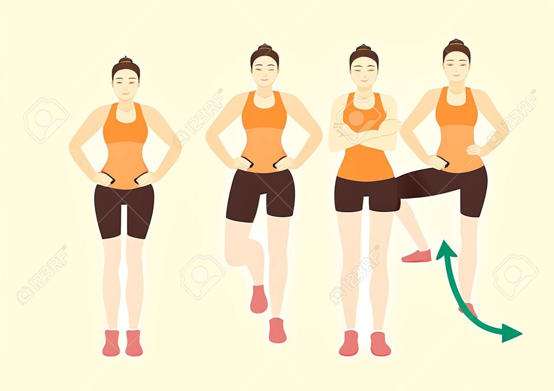 Sport women doing exercise with Single leg hip Rotation posture. Illustration about hip and leg workout diagram.