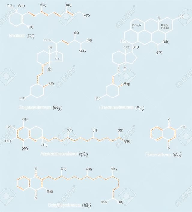 脂溶性維生素視黃醇的化學式;葉綠醌;甲萘醌;生育酚;膽;鈣化醇，二維繪圖，向量，被隔絕在白色