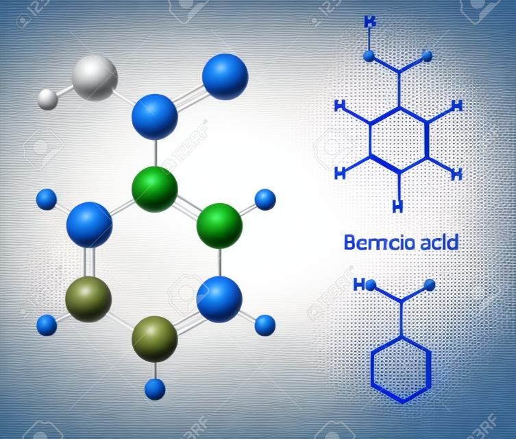 Structural chemical formulas and model of benzoic acid molecule, 2d   3d Illustration, isolated on white background, balls   sticks, skeletal, vector