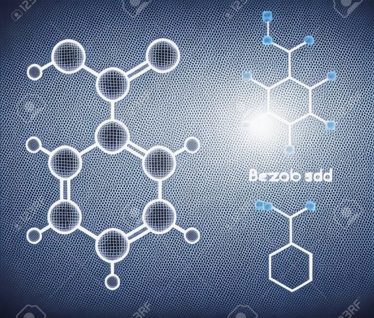 Structural chemical formulas and model of benzoic acid molecule, 2d   3d Illustration, isolated on white background, balls   sticks, skeletal, vector