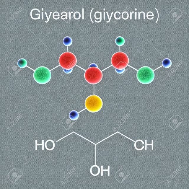 Fórmula química estructural y el modelo de molécula de glicerol, ilustración 2d y 3d, aislado, vector, eps 8