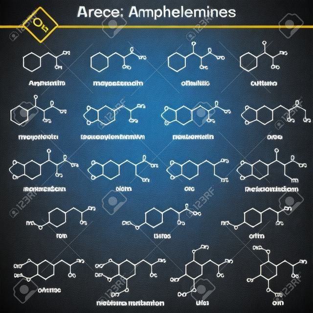 Amphetamines - natural and synthetic drugs, main chemical structural formulas, 2d vector isolated on white background