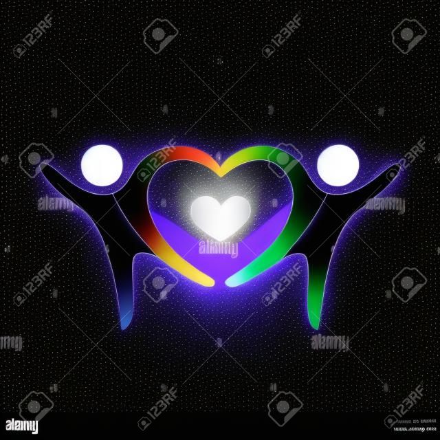 Two people form heart shape holding hands, 2d vector on dark background 