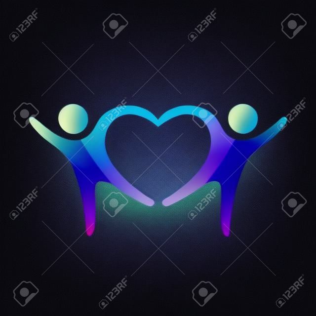 Deux personnes forment forme de coeur se tenant la main, vecteur 2D sur fond sombre