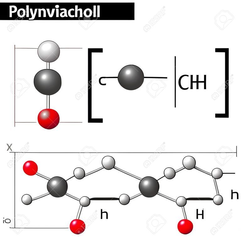 Chemische structuur van polyvinylalcoholpolymeer, 2d en 3d illustratie, vector op witte achtergrond