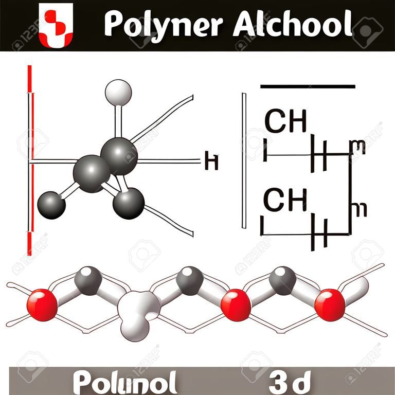 Chemische structuur van polyvinylalcoholpolymeer, 2d en 3d illustratie, vector op witte achtergrond