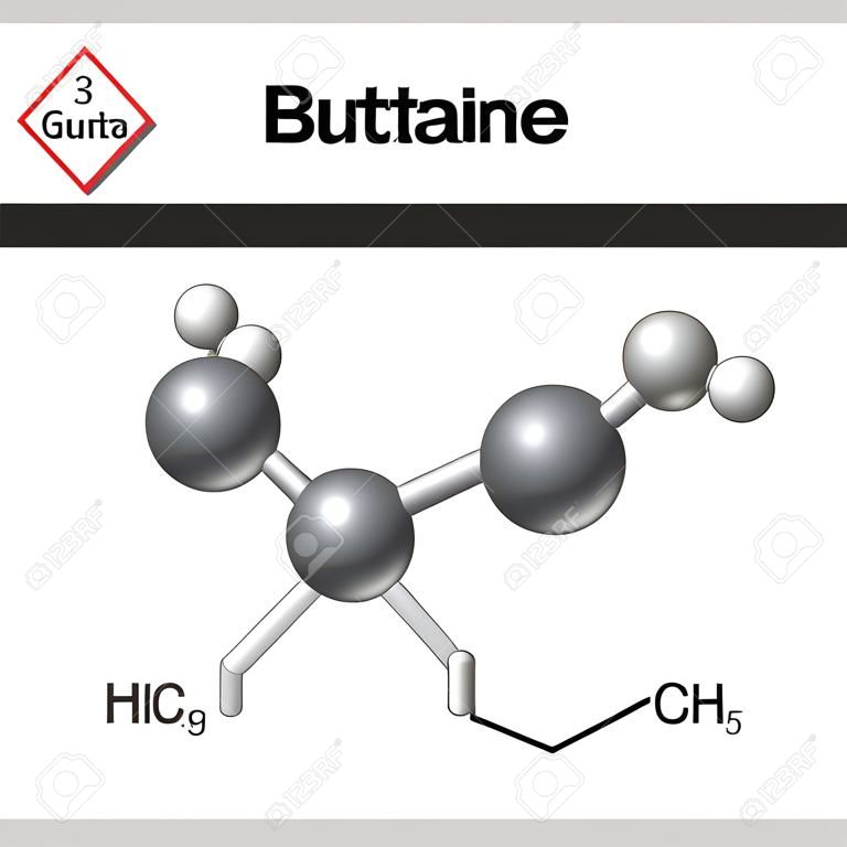 Butane chemical gas compound, chemical formula and molecular structure, 2d and 3d vector illustration, isolated on white background