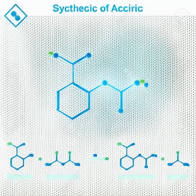 Synthesis of acetylsalicylic acid, aspirin chemical formula, the chemical reaction of acetylation, 2d vector illustration, isolated on white background
