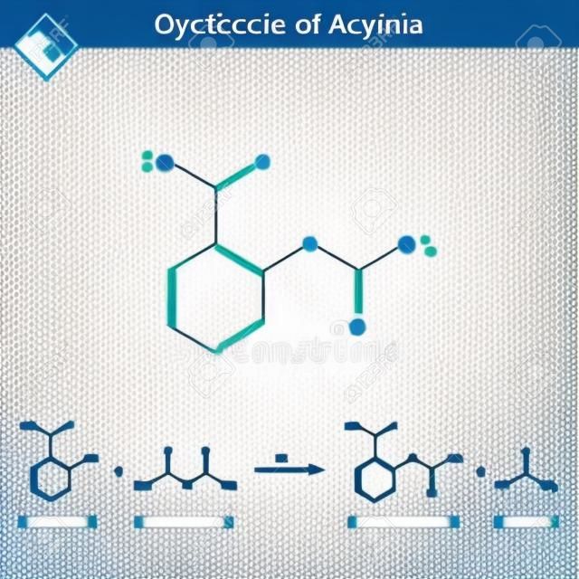 Synthesis of acetylsalicylic acid, aspirin chemical formula, the chemical reaction of acetylation, 2d vector illustration, isolated on white background